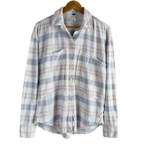 Free People Loveland Plaid Button Down Shirt Top White Pastel Pink Blue, Size XS
